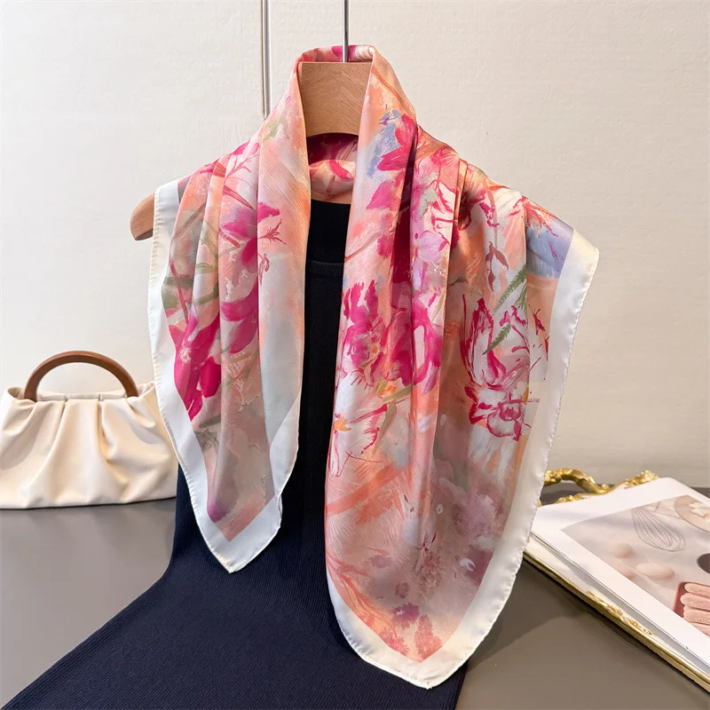 Travel Accessories Luxury - 模造スクエアスカーフ女性用プリントスカーフバンダナ高級ヒジャブネッカチーフエレガントなトラベルショールラップバッグリボン