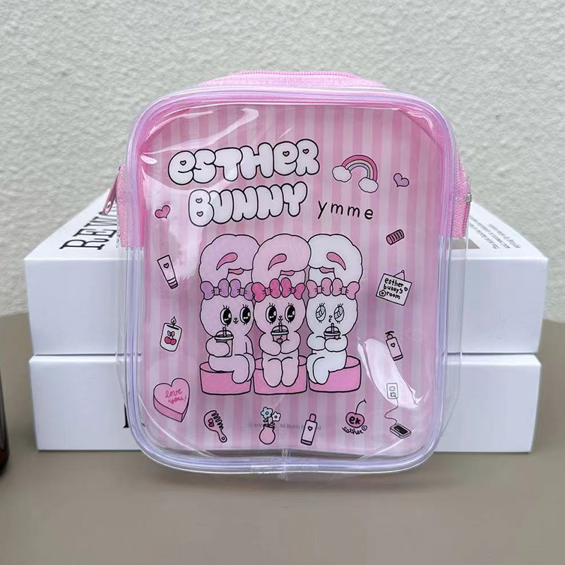 Travel Accessories Pink - かわいいエスターバニー透明化粧バッグピンクストライプ Pvc 化粧品収納バッグ外出旅行ポータブルトイレタリーバッグ友人ギフト