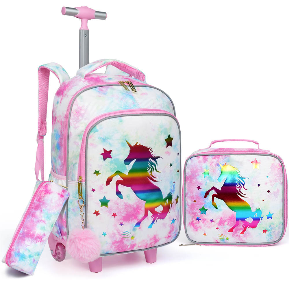 Travel Accessories Pink - 3点セット 子供用トラベルバッグ、荷物バッグ、車輪付きブックバッグ、ランチボックスとペンバッグ付き、ピンクの漫画ユニコーン柄、夜間反射機能付き