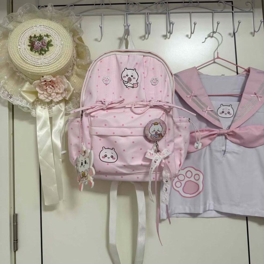 かわいいちいかわピンク水玉模様バックパックボウデザイン大容量 - Travel Accessories Pink のレビューと価格