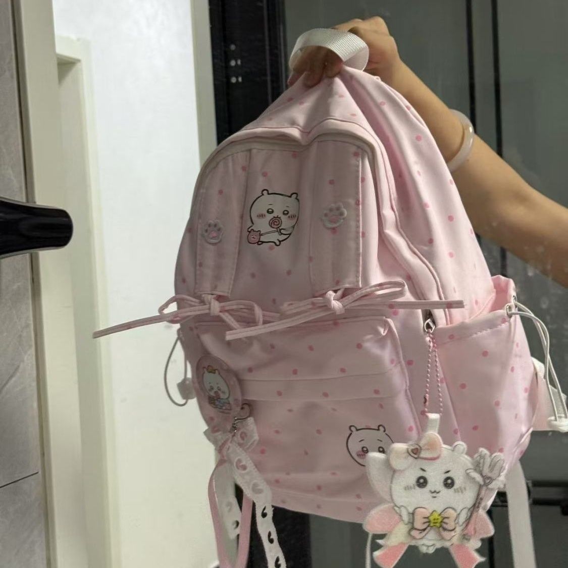 かわいいちいかわピンク水玉模様バックパックボウデザイン大容量 - Travel Accessories Pink のレビューと価格